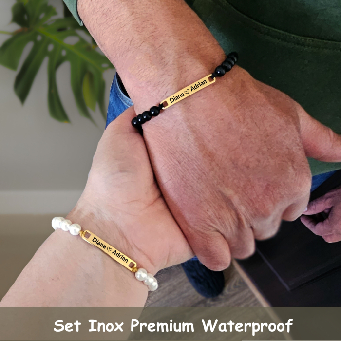 Set de 2 Brățări Personalizate pentru Cuplu – Gravură Laser pe Inox Auriu IP, Onix Negru & Perle Shell [2]
