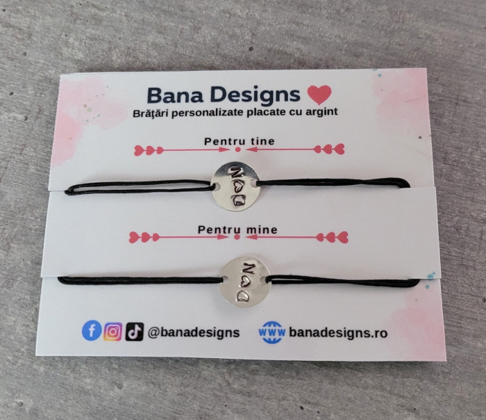Bratari cuplu personalizate cu initiale si inimioara, gravate pe banut placat cu argint si snur ajustabil [4]