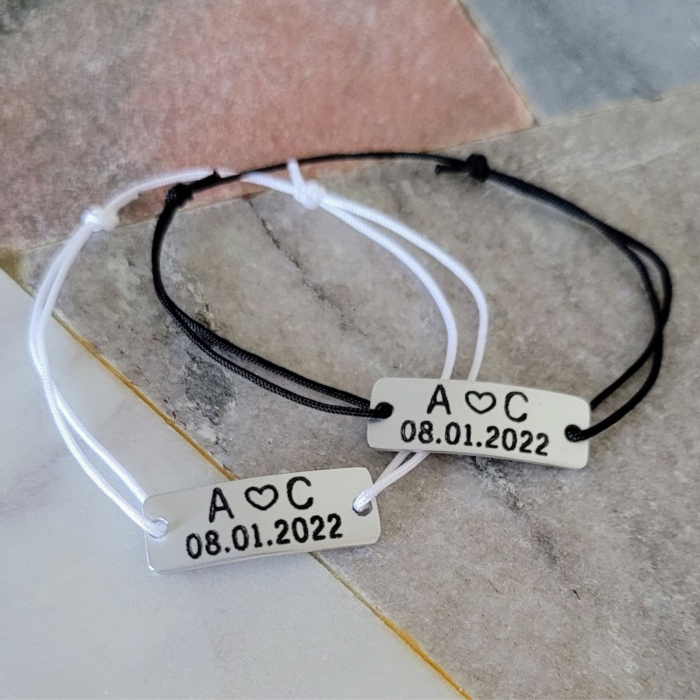 Bratari personalizate pentru cuplu, cu initiale si data relatiei, snur ajustabil simplu, set de 2 [4]