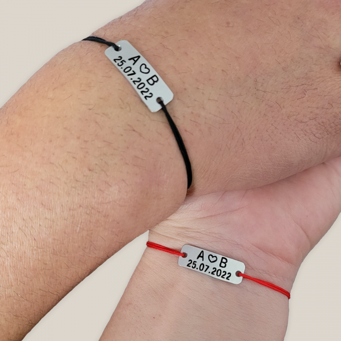 Bratari personalizate pentru cuplu, cu initiale si data relatiei, snur ajustabil simplu, set de 2 [2]