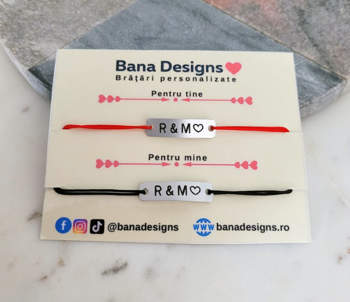 Bratari personalizate pentru cuplu, cu initiale si inimioara, snur ajustabil simplu, set de 2 [5]