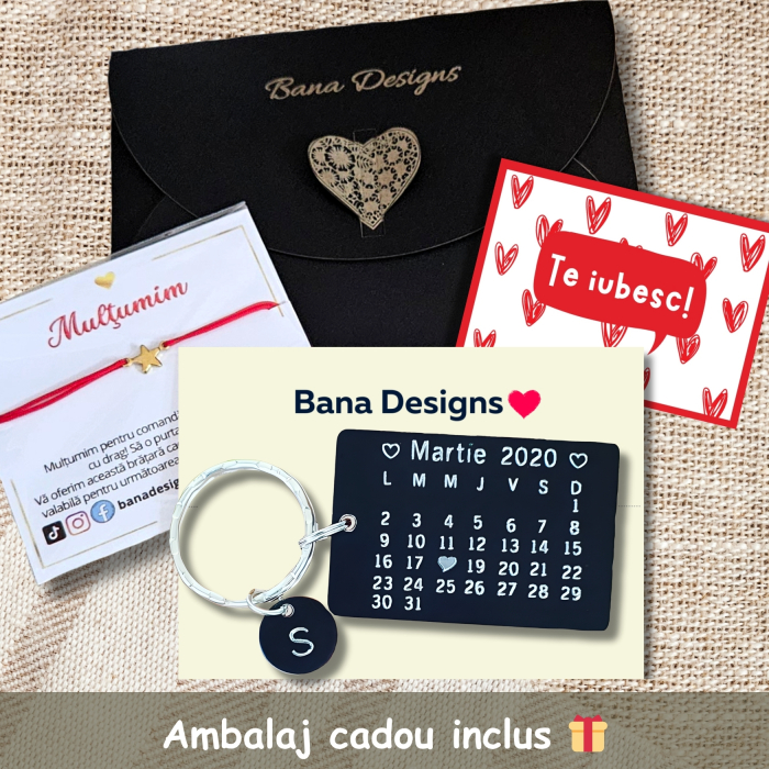 Breloc personalizat cu calendar, din aluminiu negru, cu banut cu initiala Save the Date [4]