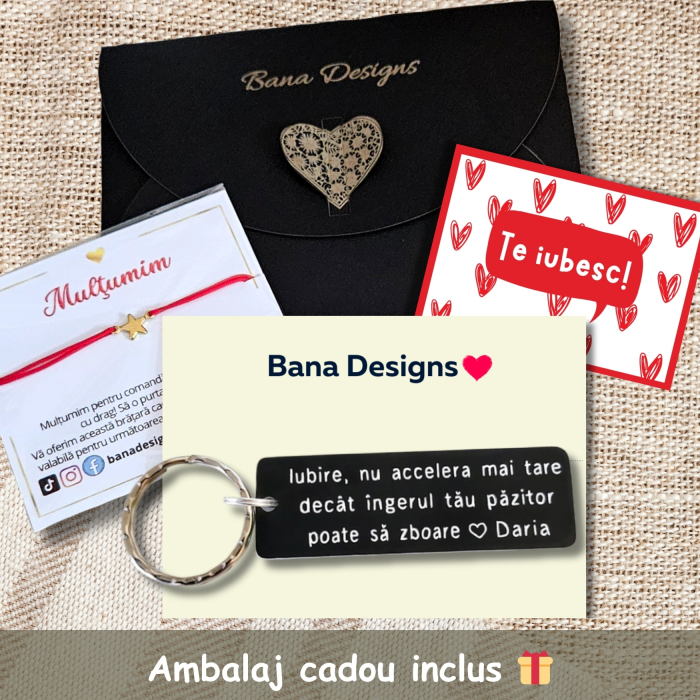 Breloc personalizat cu mesajul Iubire nu accelera mai tare decat ingerul tau poate sa zboare, cadou pentru cuplu [6]