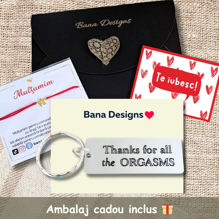 Breloc personalizat din aluminiu argintiu gravat cu “Thanks for all the orgasms”. Cadou sexy și amuzant pentru iubit, cu text personalizat pe spate. [4]