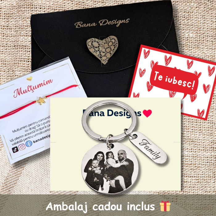 Breloc personalizat cu poza, din inox, gravat laser, pandant rotund 3 cm, initiale cu inimioara, cadou pentru cuplu, el si ea [4]