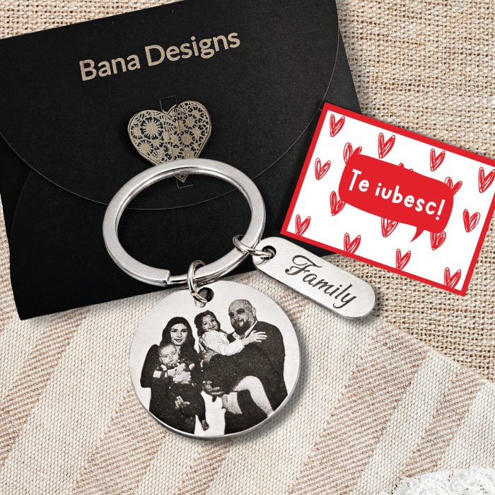 Breloc personalizat cu poza, din inox, gravat laser, pandant rotund 3 cm, initiale cu inimioara, cadou pentru cuplu, el si ea [3]