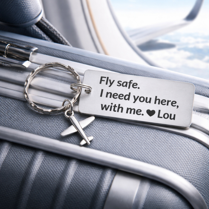 Breloc personalizat Fly safe, I need you here with me, gravat pe dreptunghi din aluminiu, cu charm avion [2]