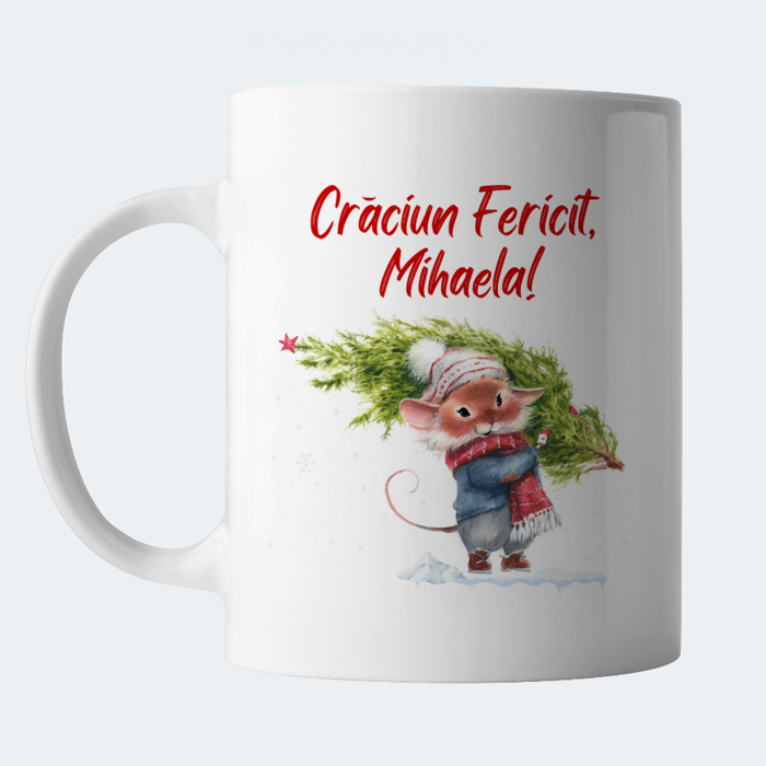 Cana Craciun personalizata cu nume si urare de sarbatori, Craciun Fericit, cu soricel si brad de Craciun [2]