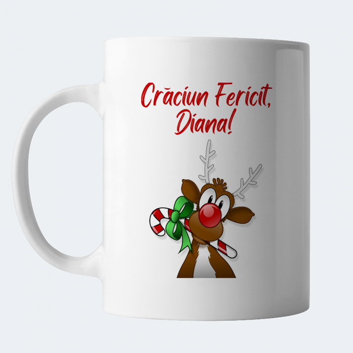 Cana Craciun personalizata cu nume si urare de sarbatori, Craciun Fericit, cu ren [2]