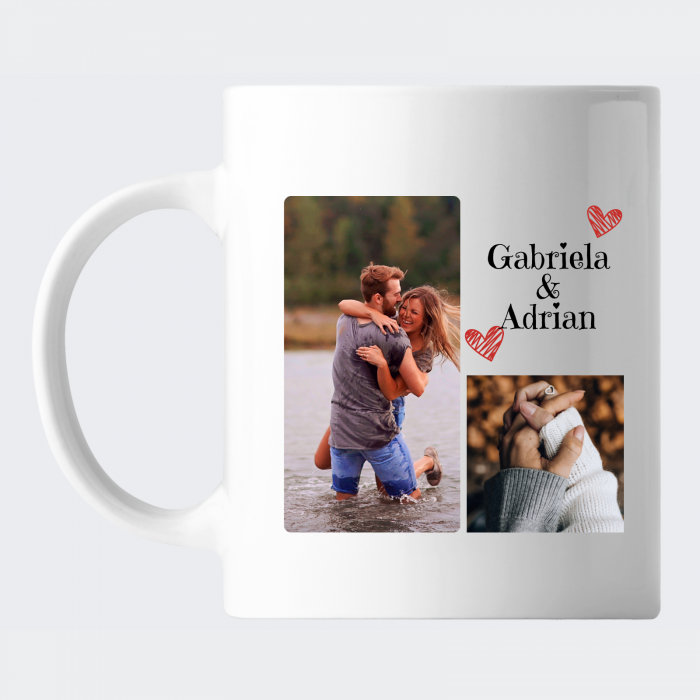 Cana personalizata pentru cuplu, cu 2 fotografii, nume si multe inimioare [2]