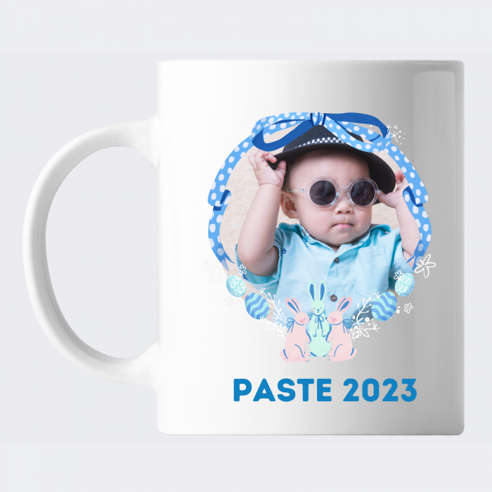 Cana personalizata pentru Paste, cu 2 fotografii, nume si mesajul Paste 2023, in nuante de albastru [2]