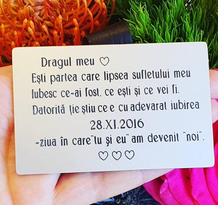 Card metalic personalizat cu mesaj gravat pe placuta de aluminiu argintiu, insertie portofel [2]