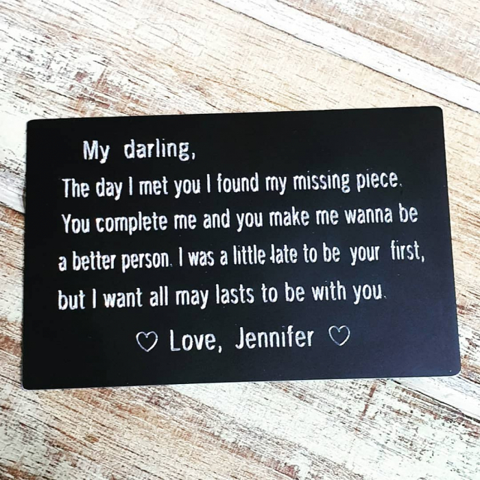 Card metalic personalizat cu mesaj gravat pe placuta de aluminiu negru, insertie portofel [3]