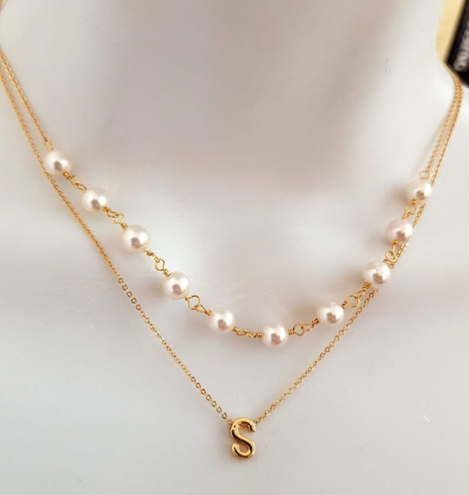 Colier cu perle albe Swarovski, placat cu aur, la baza gatului [3]
