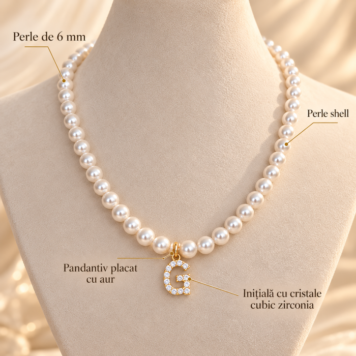 Colier din perle naturale shell albe, cu initiala, placat cu aur, la baza gatului [3]