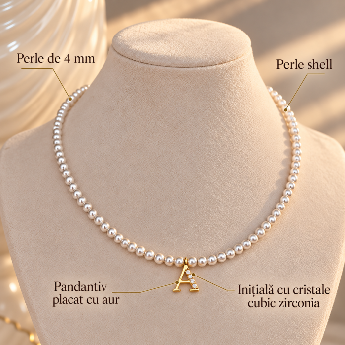 Colier din perle naturale shell albe, cu initiala, placat cu aur, la baza gatului [3]