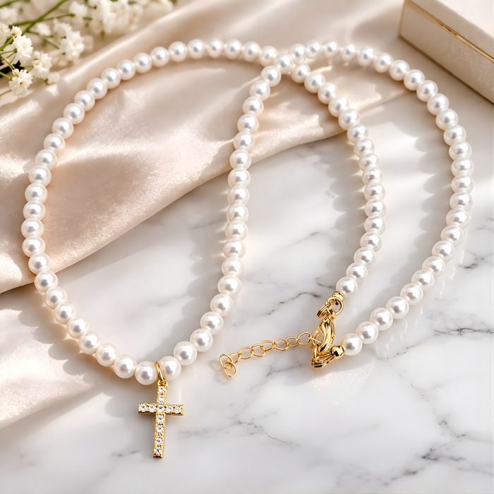 Colier din perle naturale shell albe, cu initiala, placat cu aur, la baza gatului [3]