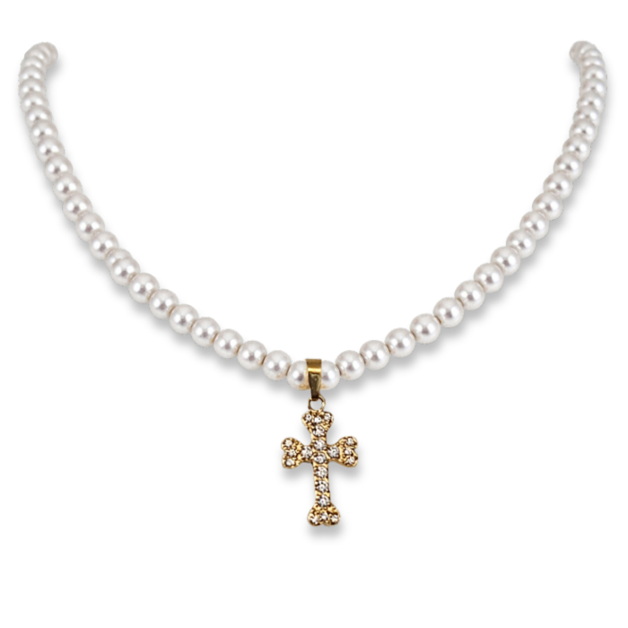 Colier din perle naturale shell albe, cu pandant cruce zirconia, inox auriu [2]