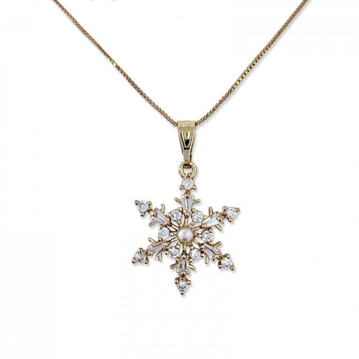 Colier placat cu aur, cu pandant fulg de nea cu cristale Cubic Zirconia si perluta [3]