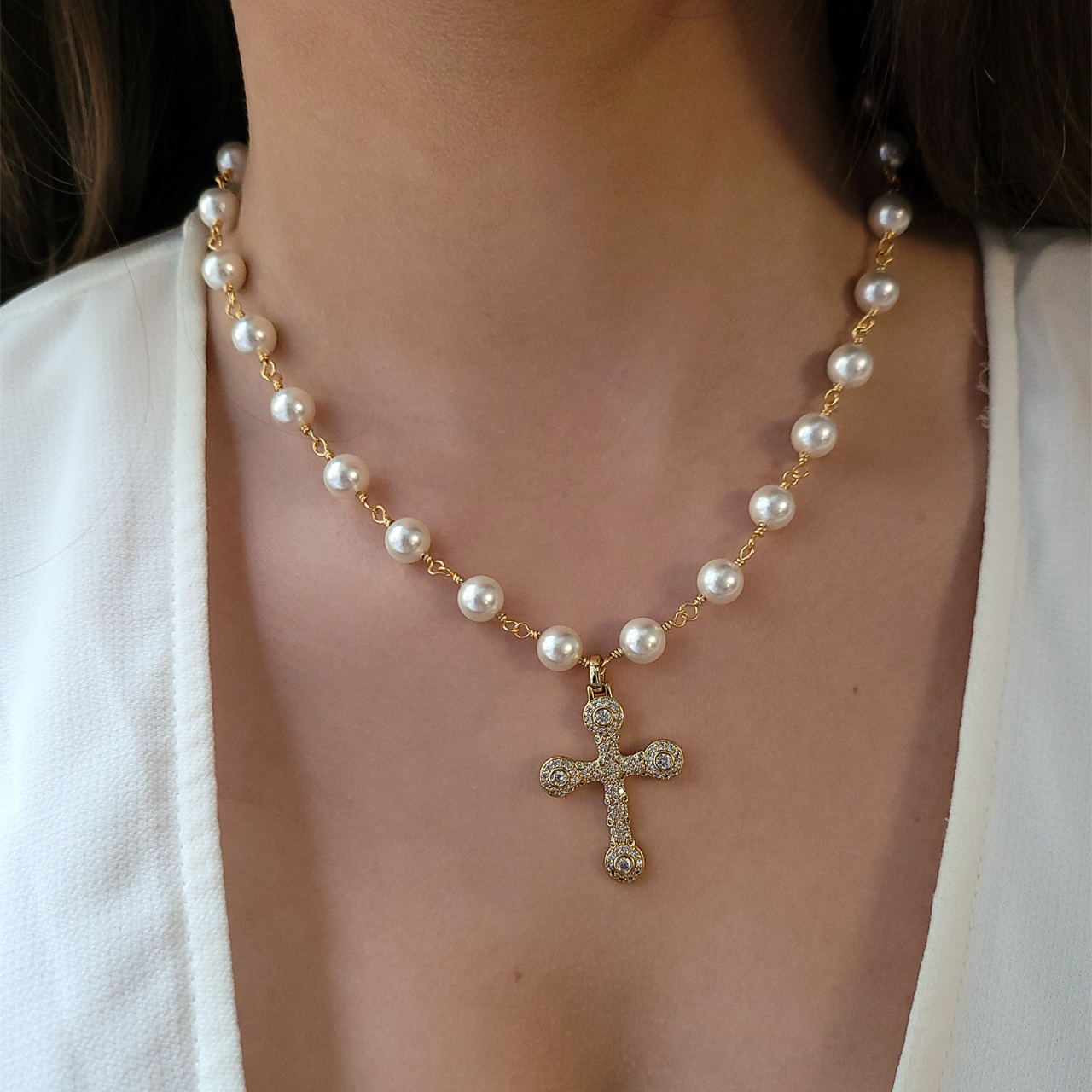 Colier placat cu aur, cu perle naturale shell si cruce placata cu aur, cu cristale cubic zirconia [2]