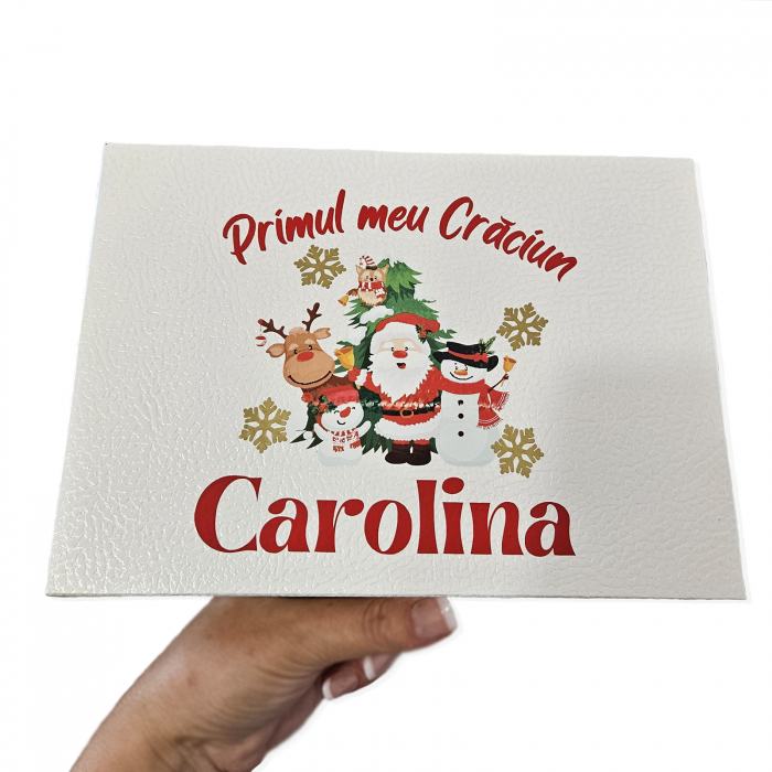 Cutie cadou Craciun, personalizata cu Primul meu Craciun si nume, culoare crem, texturata [3]