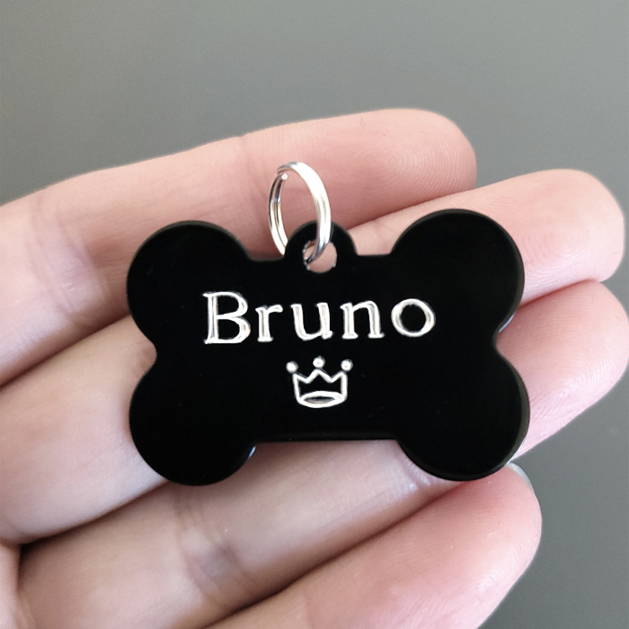 Dog tag personalizat, medalion pentru catei in forma de os negru, gravat cu nume si simbol [5]