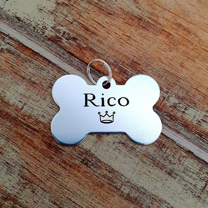 Dog tag personalizat, medalion pentru catei in forma de os, gravat cu nume si simbol [3]