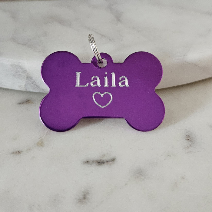Dog tag personalizat mov, medalion pentru catei in forma de os, gravat cu nume si simbol [2]