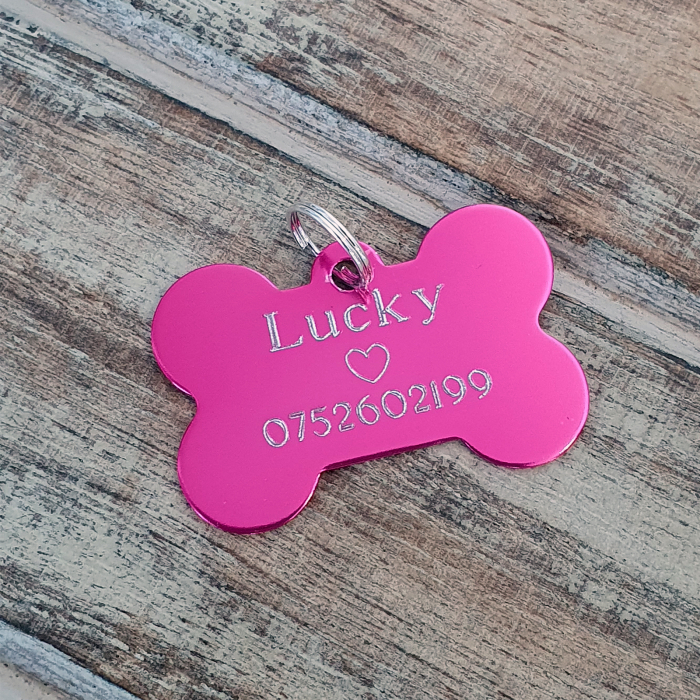 Dog tag personalizat roz, medalion pentru catei in forma de os, gravat cu nume si simbol [3]