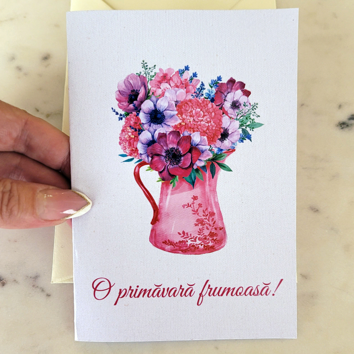 Felicitare pentru 8 Martie, ziua mamei, cu vaza cu flori si mesaj O primavara frumoasa  fotografie [2]