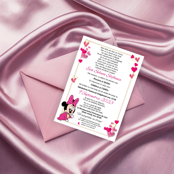 Invitatie botez pentru fetita cu minnie in nuante roz si auriu cu plic roz [2]