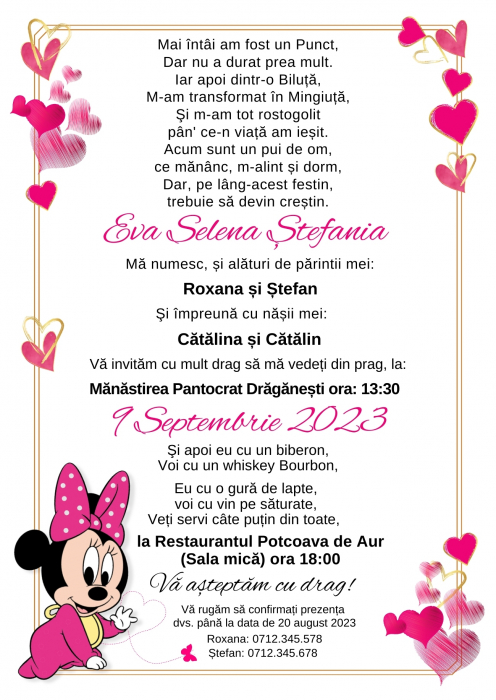 Invitatie botez pentru fetita cu minnie in nuante roz si auriu cu plic roz [3]