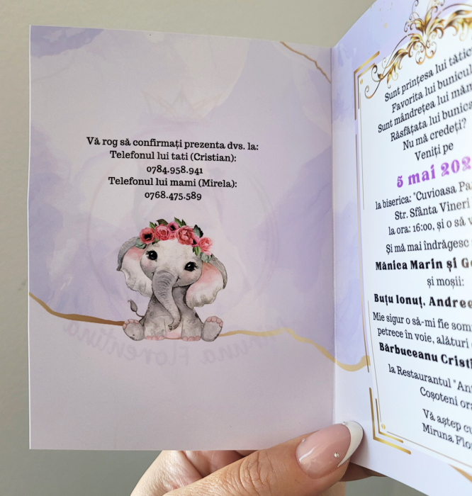 Invitatie botez pentru fetita, personalizata cu fotografie, plic si sigiliu, model felicitare in nuante lila si auriu [3]