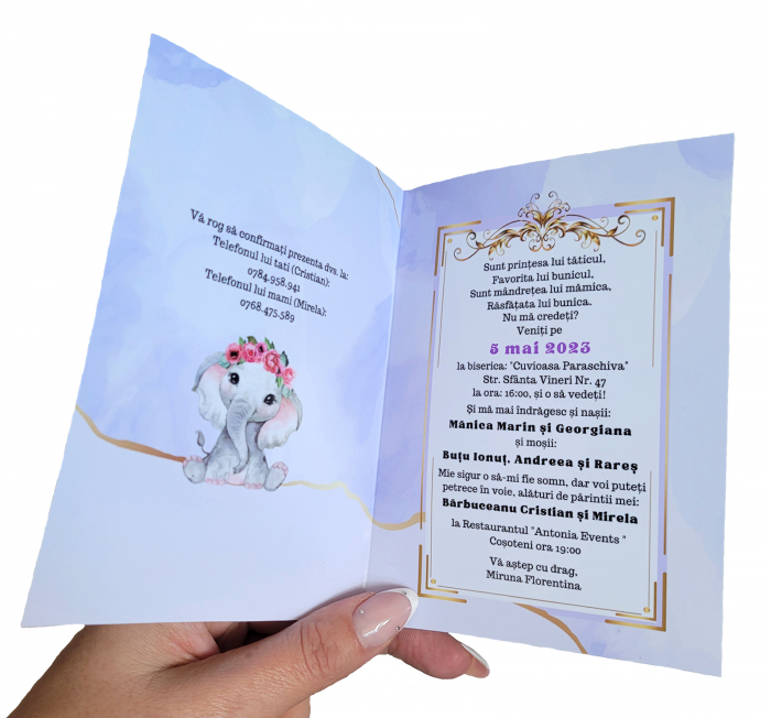 Invitatie botez pentru fetita, personalizata cu fotografie, plic si sigiliu, model felicitare in nuante lila si auriu [5]