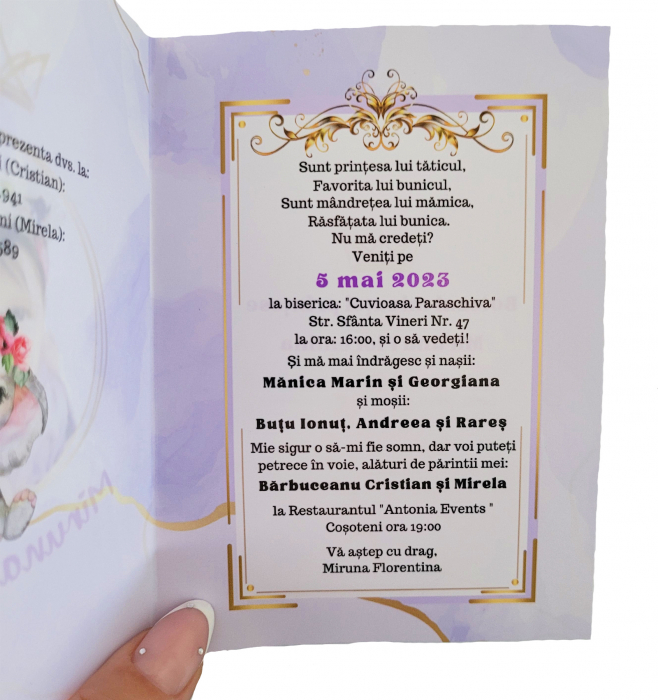 Invitatie botez pentru fetita, personalizata cu fotografie, plic si sigiliu, model felicitare in nuante lila si auriu [2]