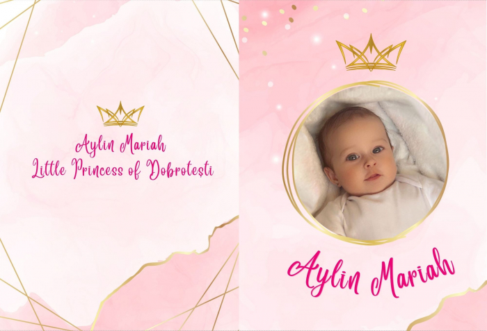 Invitatie botez pentru fetita personalizata cu fotografie, plic si sigiliu, model felicitare in nuante roz si auriu [5]