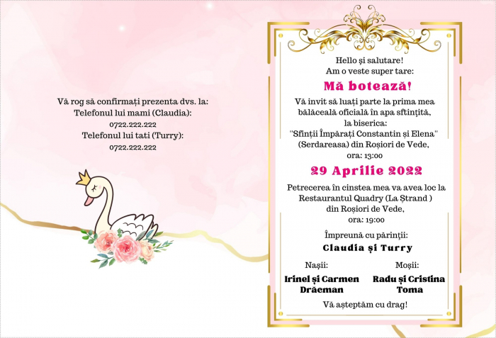 Invitatie botez pentru fetita personalizata cu fotografie, plic si sigiliu, model felicitare in nuante roz si auriu [6]