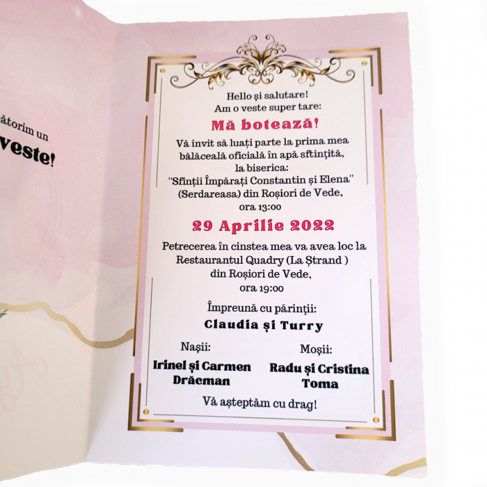 Invitatie botez pentru fetita personalizata cu fotografie, plic si sigiliu, model felicitare in nuante roz si auriu [2]