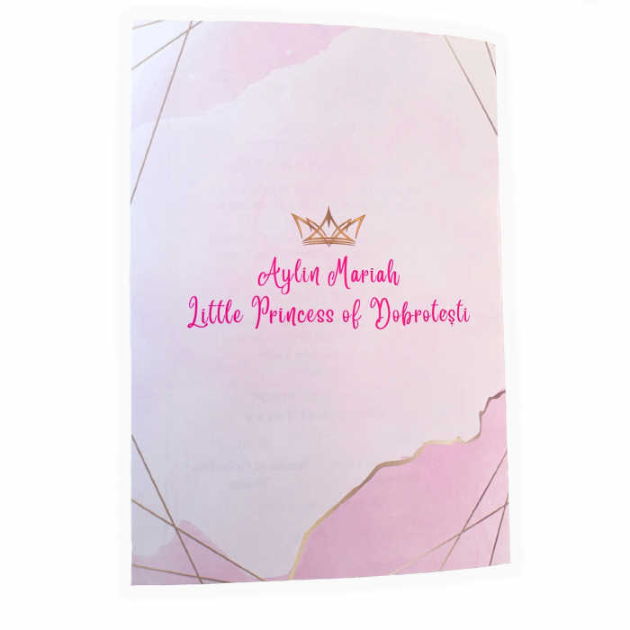 Invitatie botez pentru fetita personalizata cu fotografie, plic si sigiliu, model felicitare in nuante roz si auriu [4]