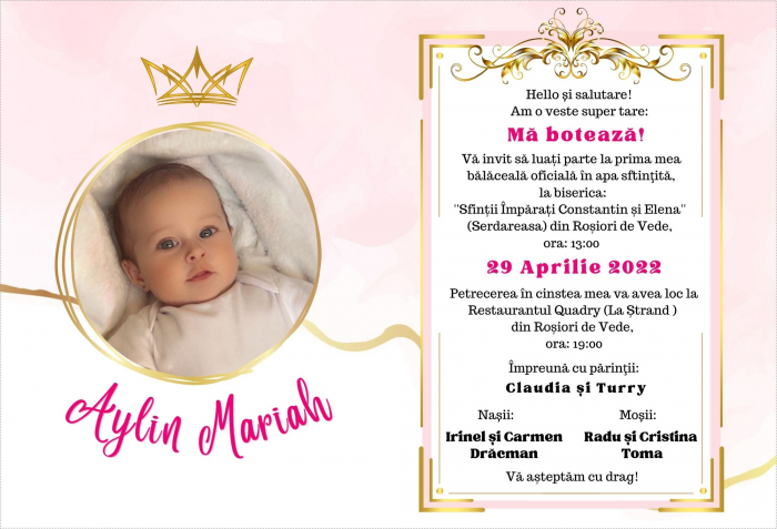 Invitatie botez pentru fetita personalizata cu fotografie, plic si sigiliu, model felicitare in nuante roz si auriu [7]