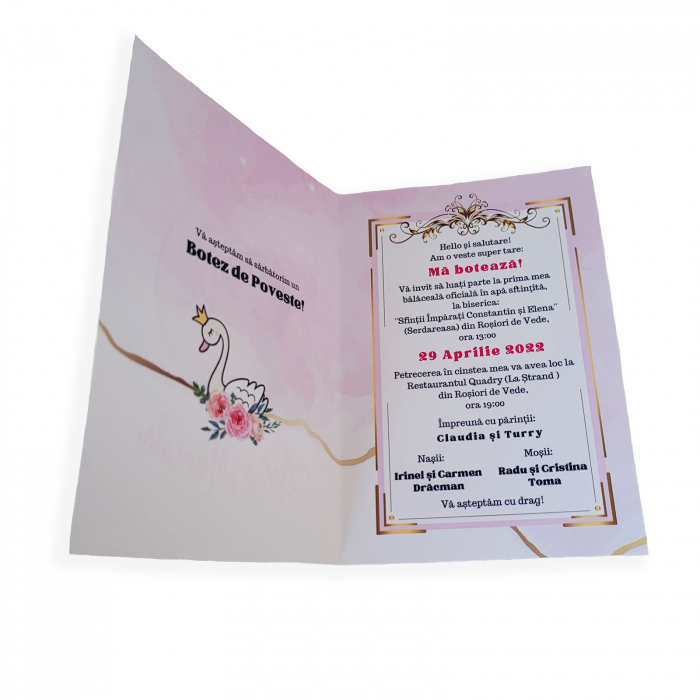 Invitatie botez pentru fetita personalizata cu fotografie, plic si sigiliu, model felicitare in nuante roz si auriu [3]