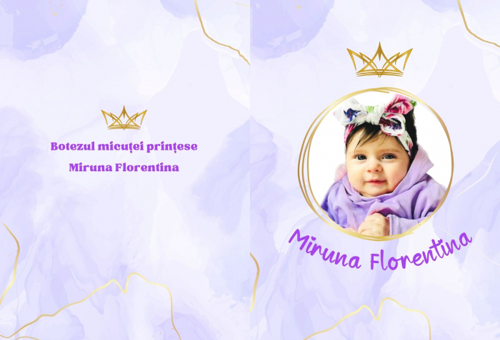 Invitatie botez pentru fetita, personalizata cu fotografie, plic si sigiliu, model felicitare in nuante lila si auriu [6]