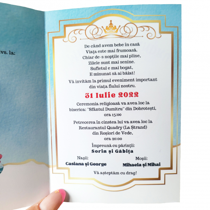 Invitatie botez pentru baietel, personalizata cu fotografie, plic si sigiliu, model felicitare in nuante albastru si auriu [4]