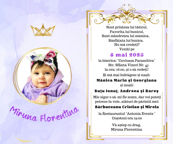 Invitatie botez pentru fetita, personalizata cu fotografie, plic si sigiliu, model felicitare in nuante lila si auriu [8]