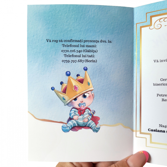 Invitatie botez pentru baietel, personalizata cu fotografie, plic si sigiliu, model felicitare in nuante albastru si auriu [5]