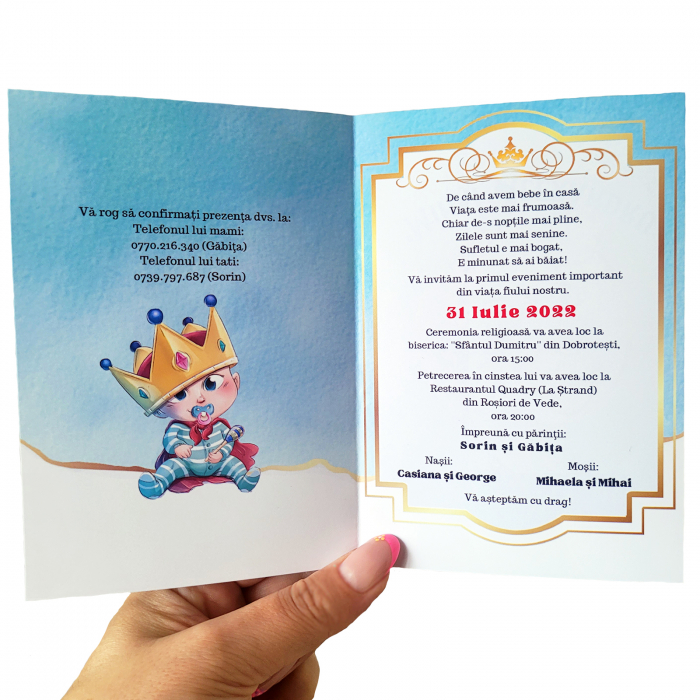 Invitatie botez pentru baietel, personalizata cu fotografie, plic si sigiliu, model felicitare in nuante albastru si auriu [3]