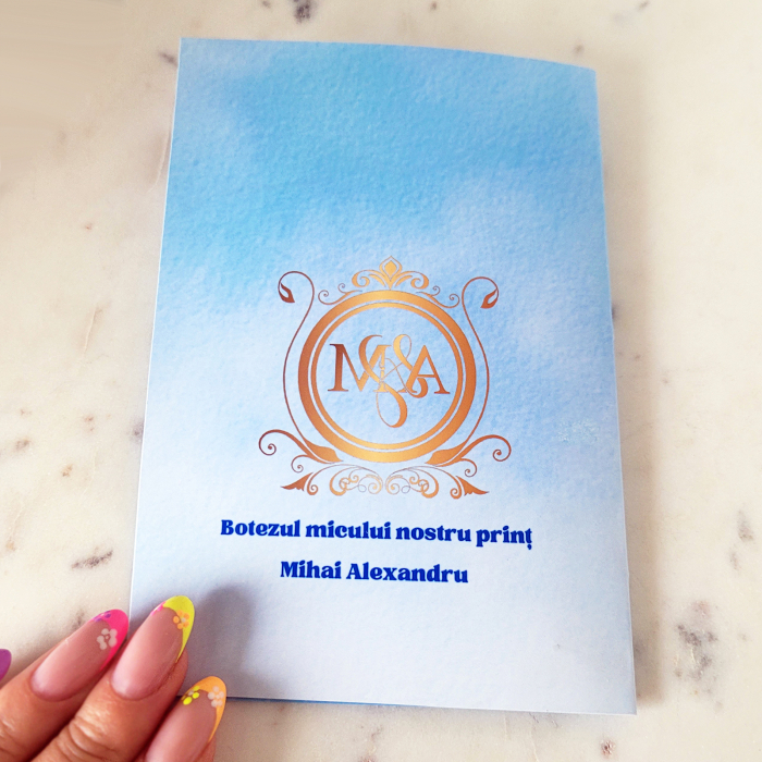 Invitatie botez pentru baietel, personalizata cu fotografie, plic si sigiliu, model felicitare in nuante albastru si auriu [9]