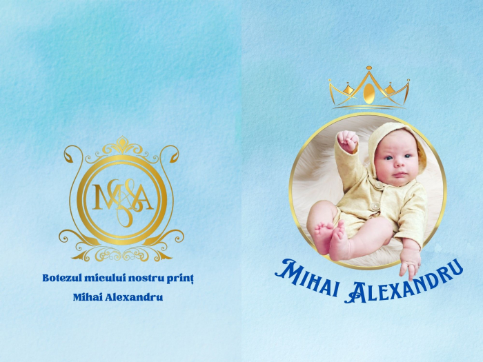 Invitatie botez pentru baietel, personalizata cu fotografie, plic si sigiliu, model felicitare in nuante albastru si auriu [6]