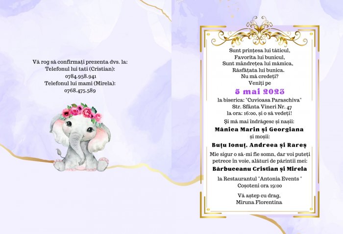 Invitatie botez pentru fetita, personalizata cu fotografie, plic si sigiliu, model felicitare in nuante lila si auriu [7]