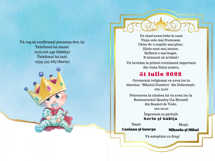 Invitatie botez pentru baietel, personalizata cu fotografie, plic si sigiliu, model felicitare in nuante albastru si auriu [7]